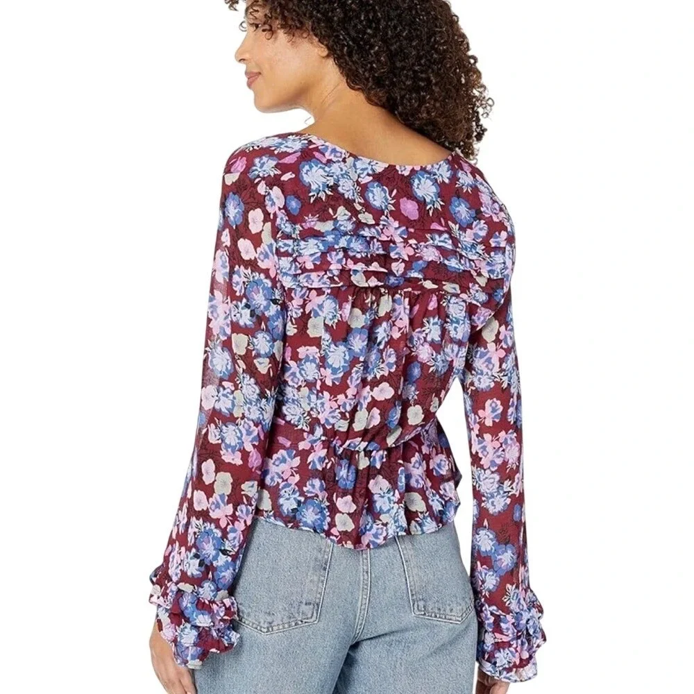 Free People Floral Tie Front Ruffle Blouse Burgundy Blue Small OB1026401‎ EUC